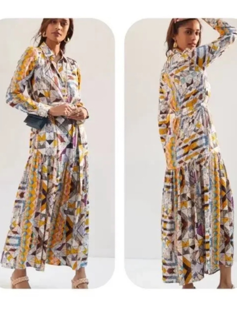 Anthropologie size medium Flounces Abstract Long Sleeve  Dress in Multicolor